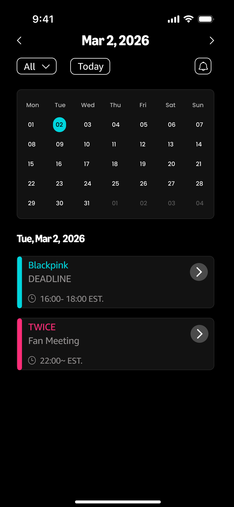 Fandom event calendar interface