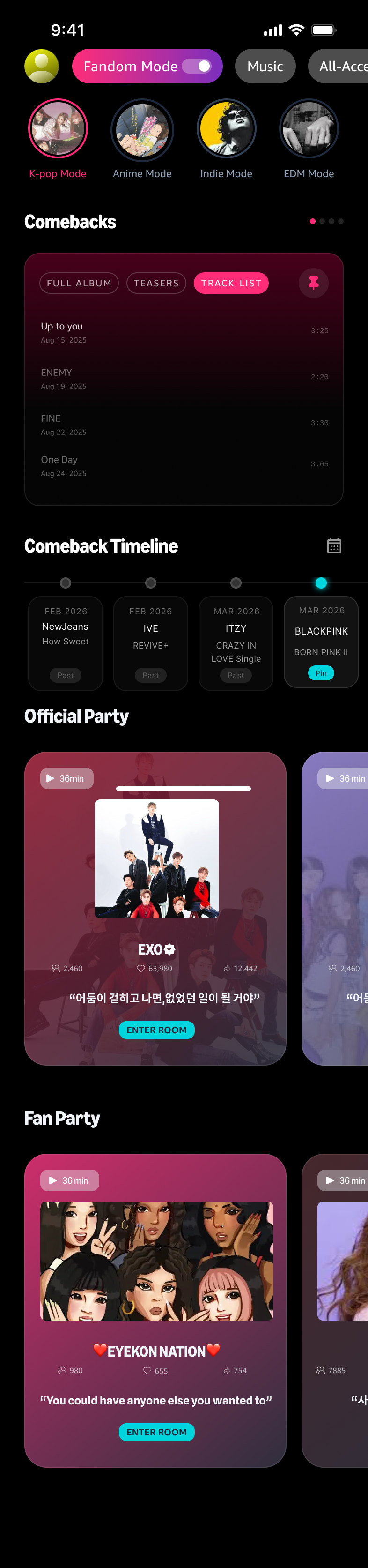 Fandom comeback hub interface