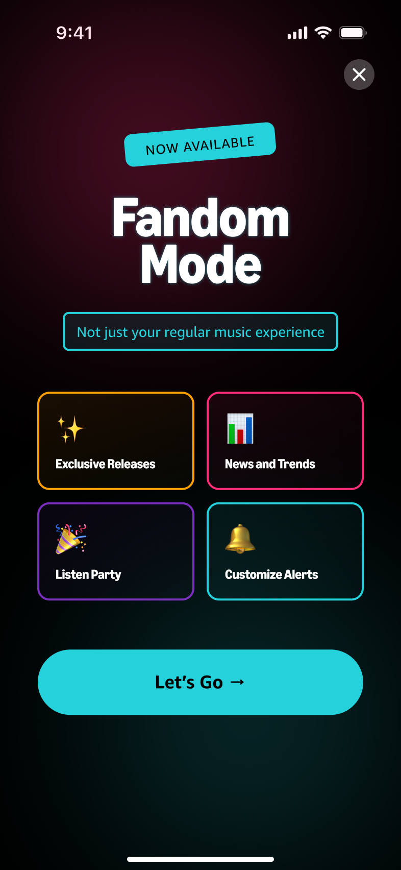 Fandom Mode onboarding interface