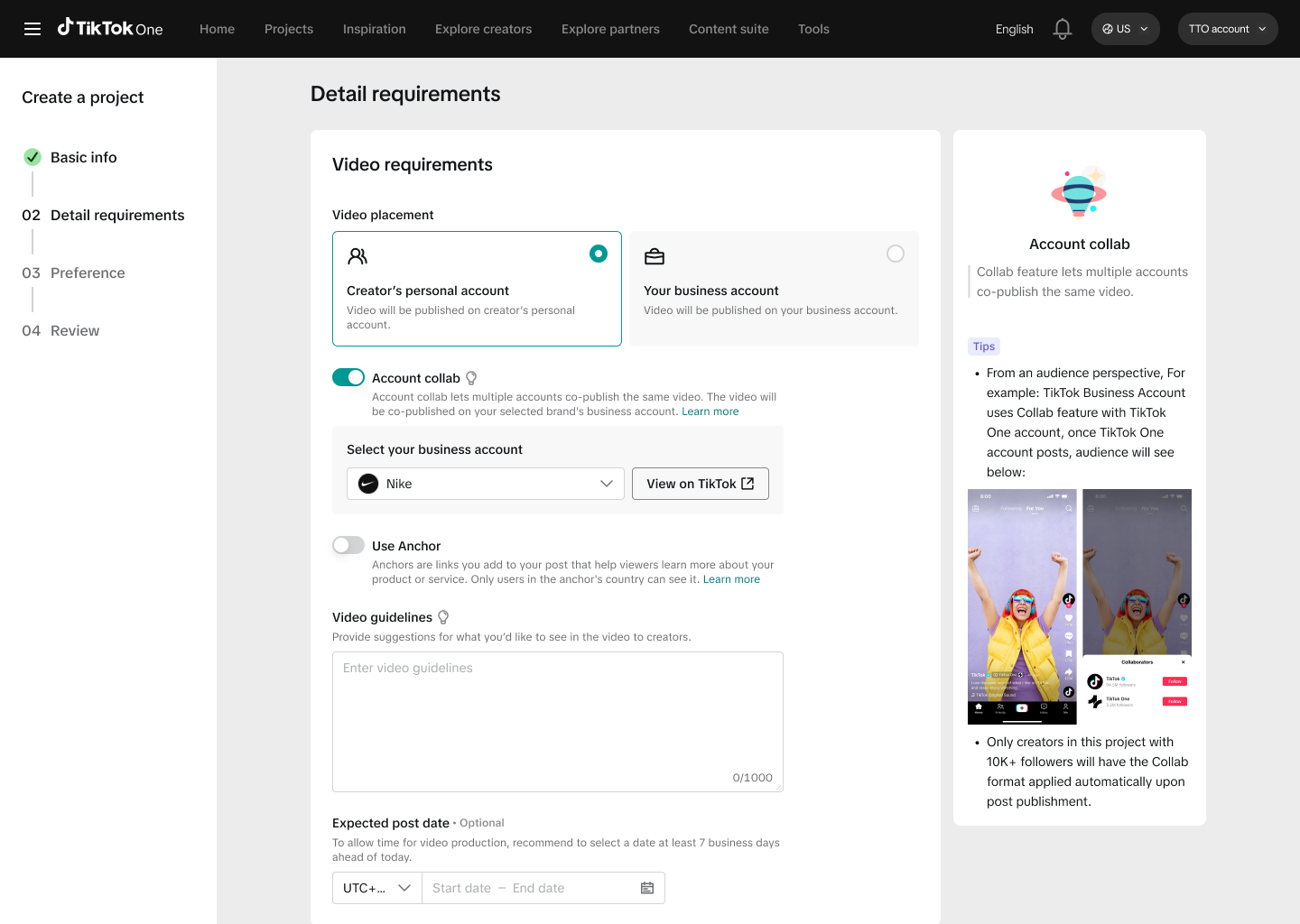 TikTok One campaign setup showing Account Collab configuration